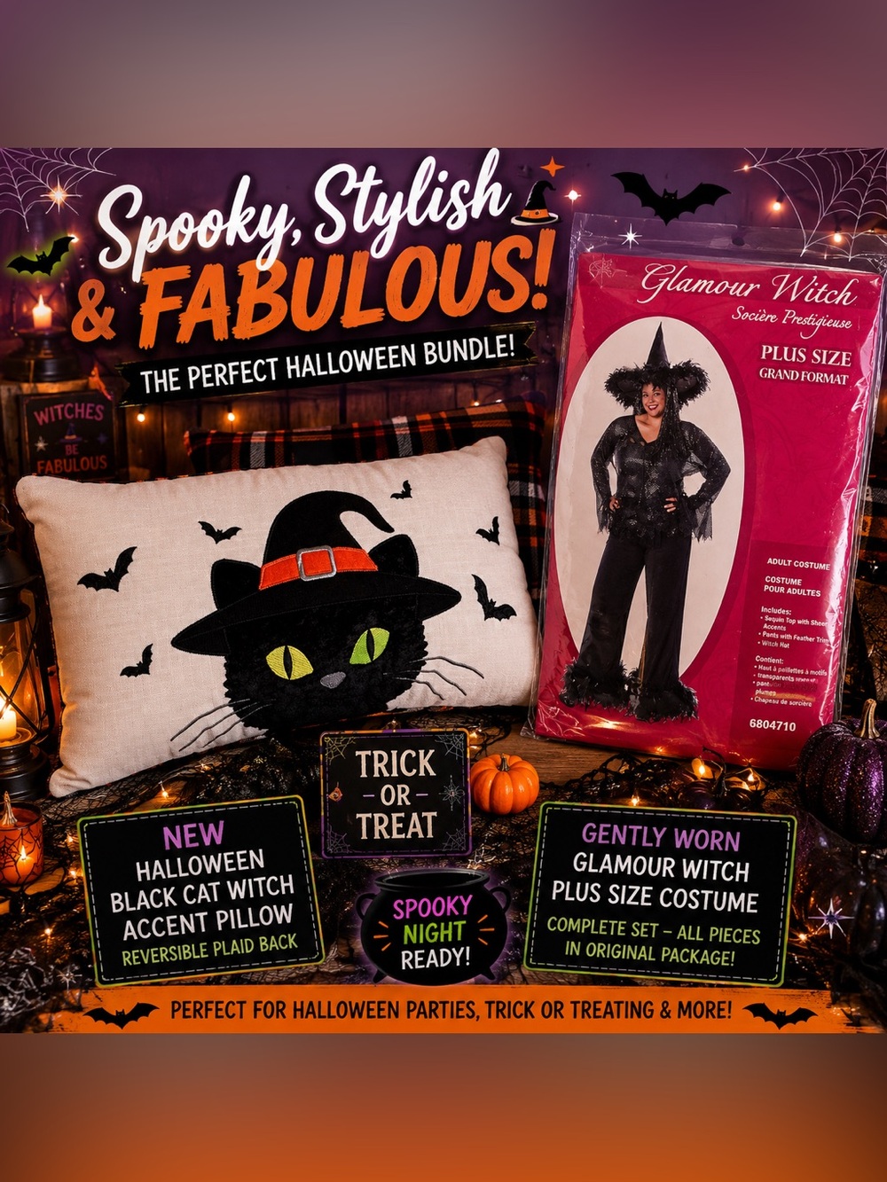 🎃 Halloween Glamour Witch Plus Size Costume 16–22 + NEW Black Cat Accent Pillow